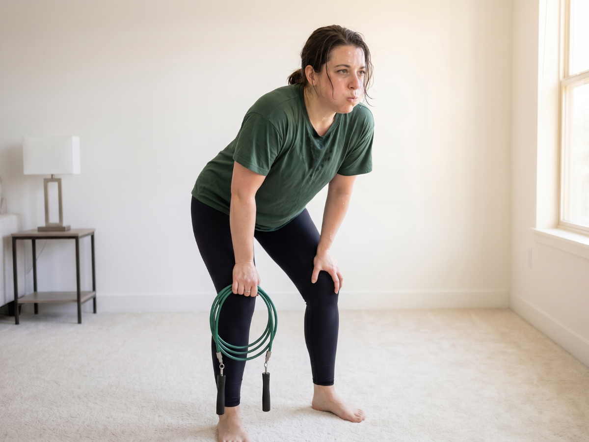 A sweaty woman in workout clothes catches her breath, leaning over while holding a green jump rope indoors.