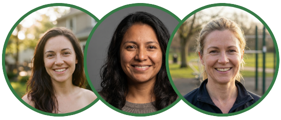 Three overlapping circular headshots of smiling women, each framed with a green border.