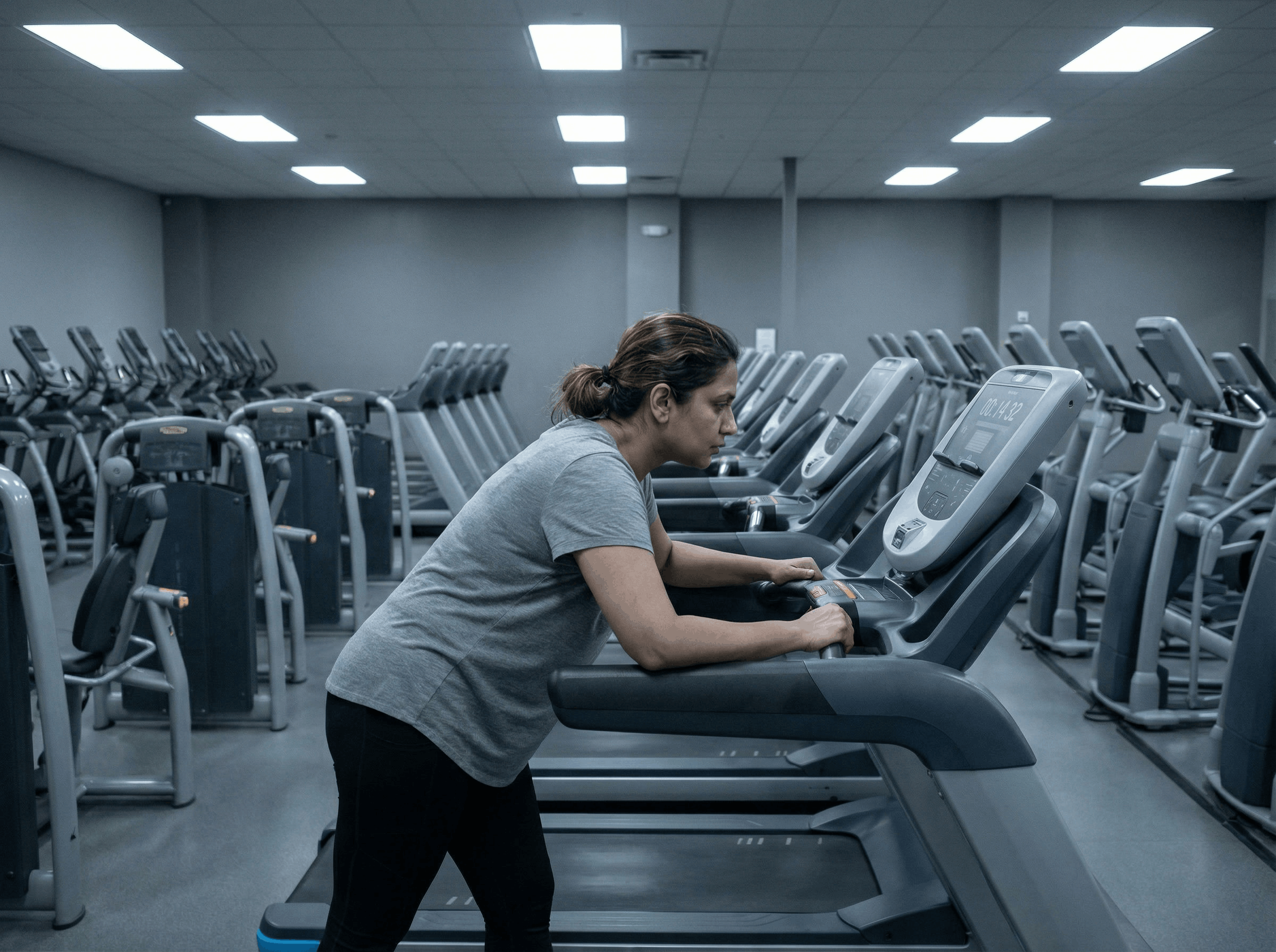 A woman stands on a treadmill in a gym filled with rows of exercise machines.