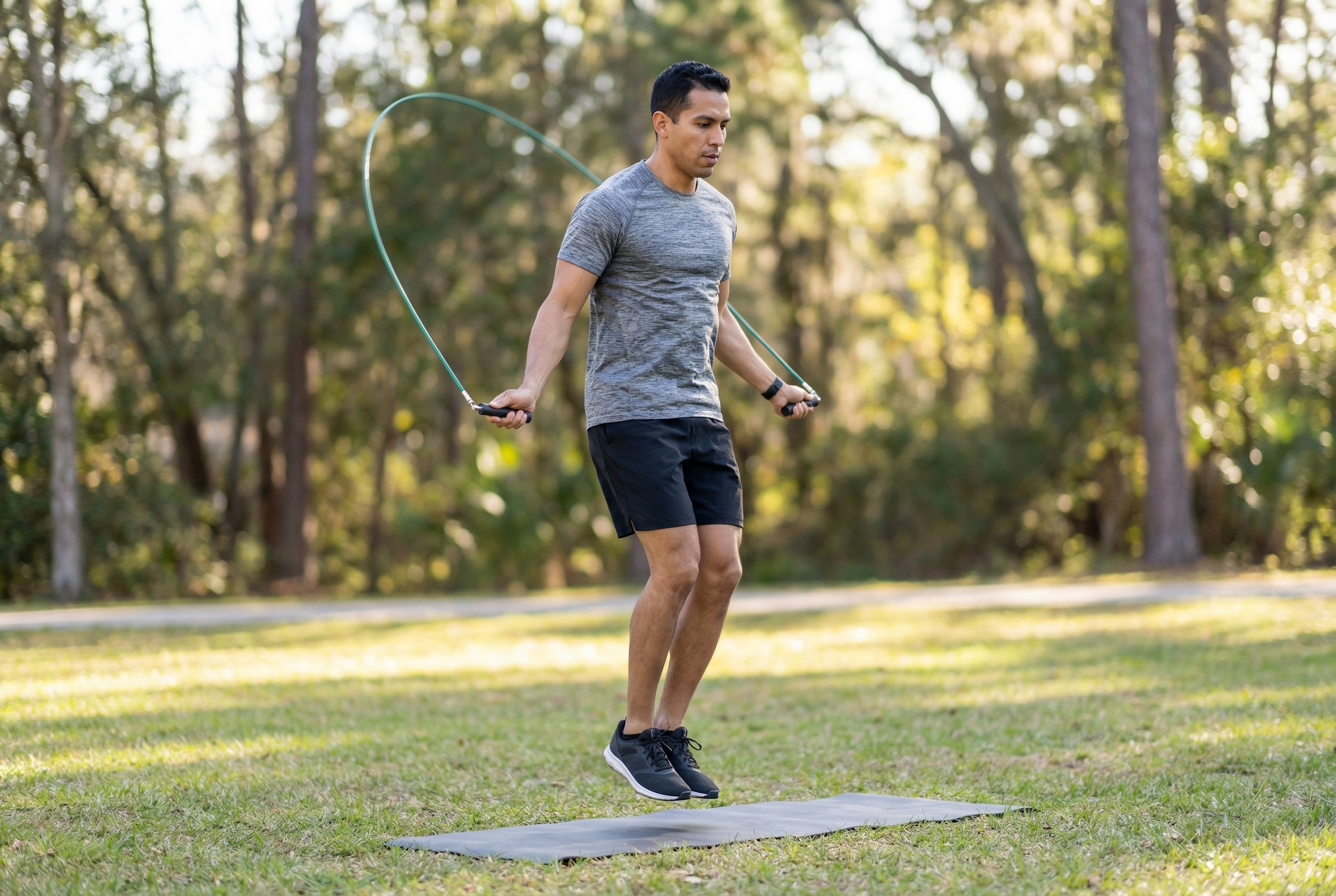Person jumping rope on a grassy field with trees in the background.
