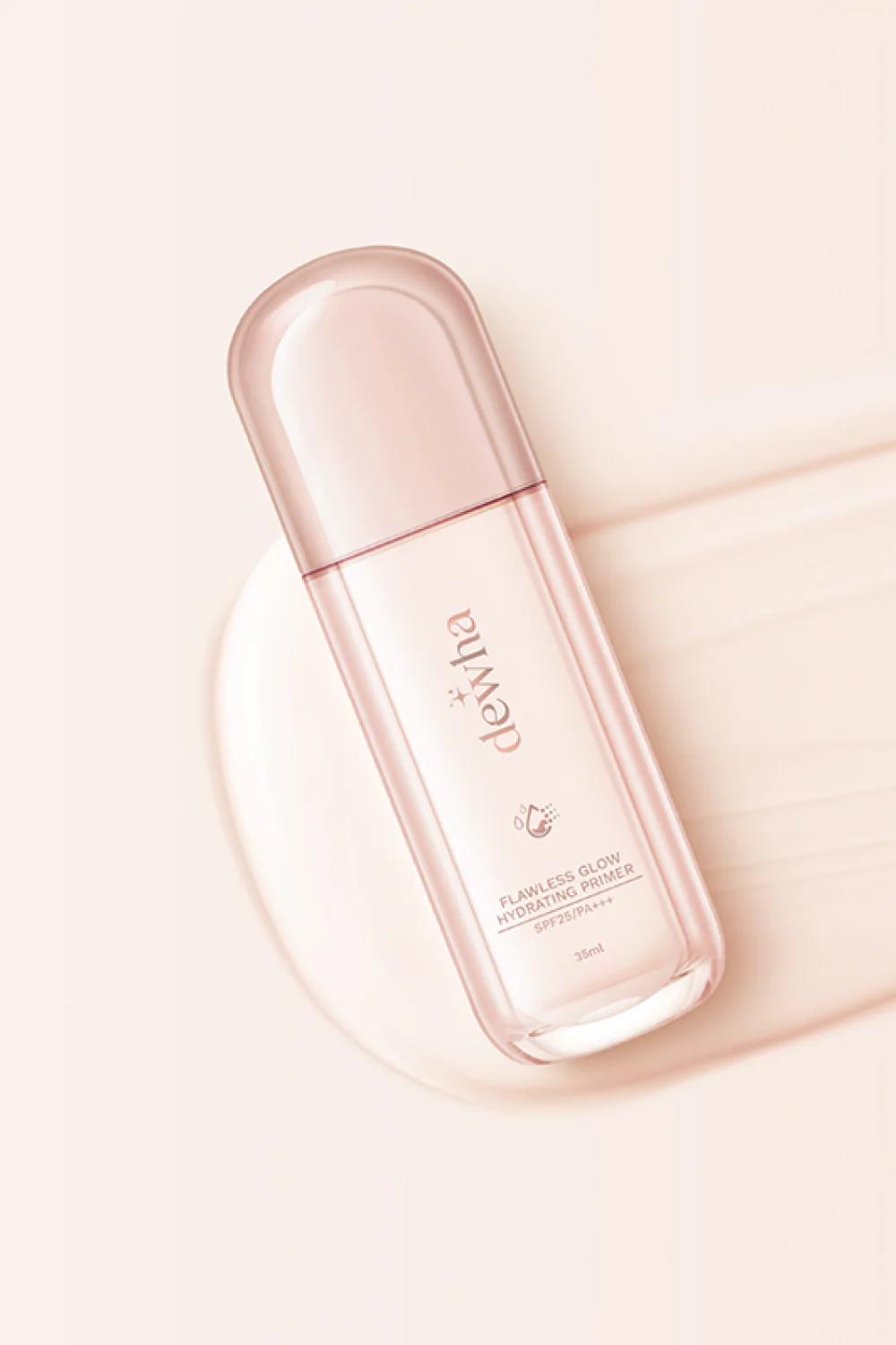 Pink bottle of hydrating primer on a light background.