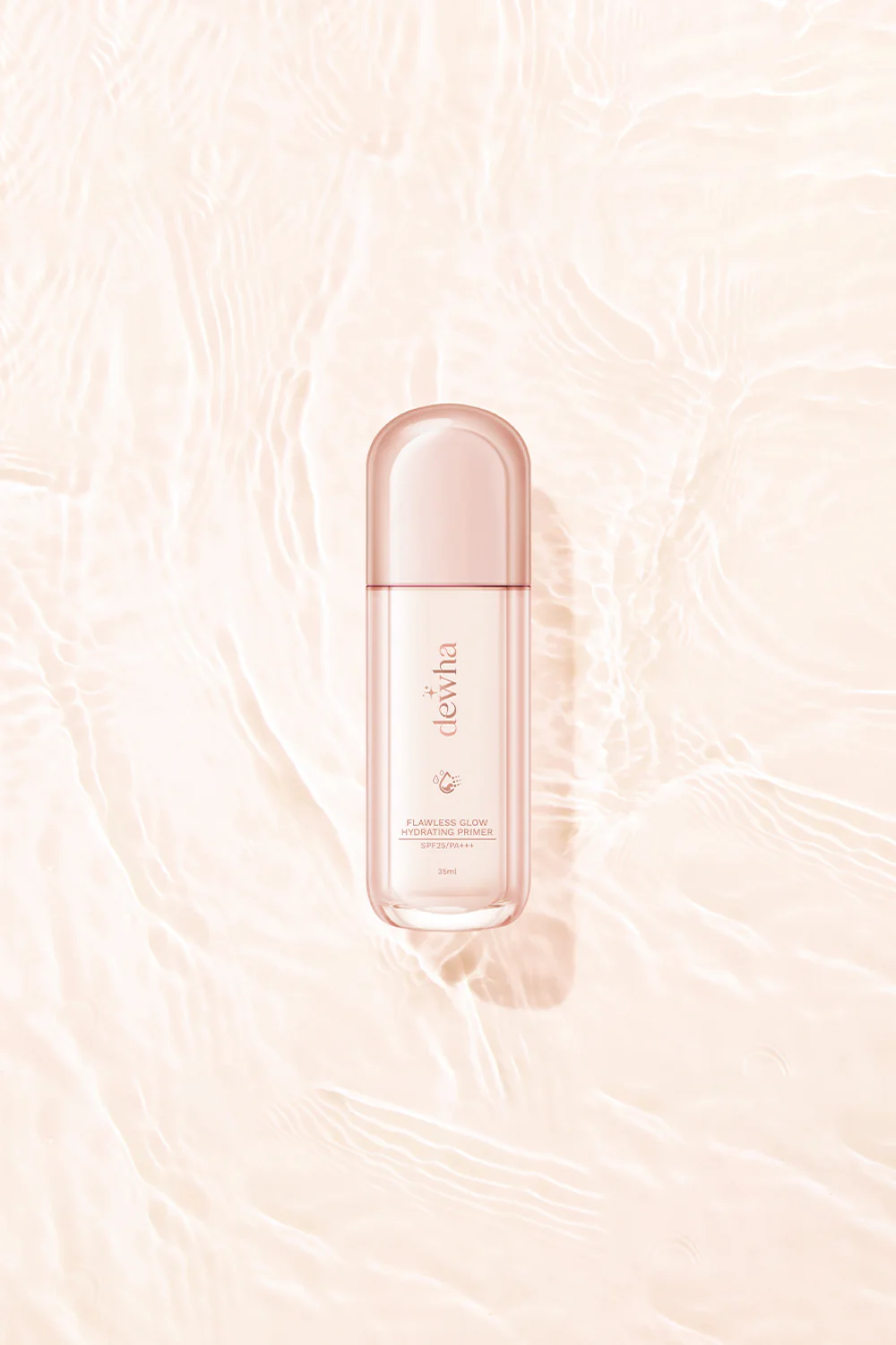 Pink cosmetic bottle on a textured, light background.