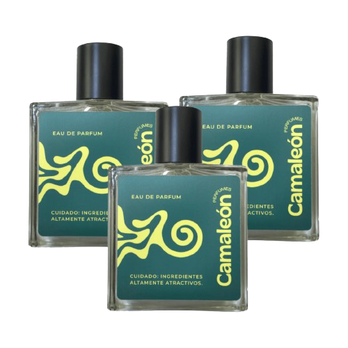 Three Camaleón perfume bottles with green labels and black caps.