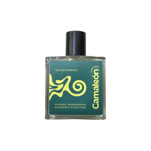 Square perfume bottle with a green label and black cap.
