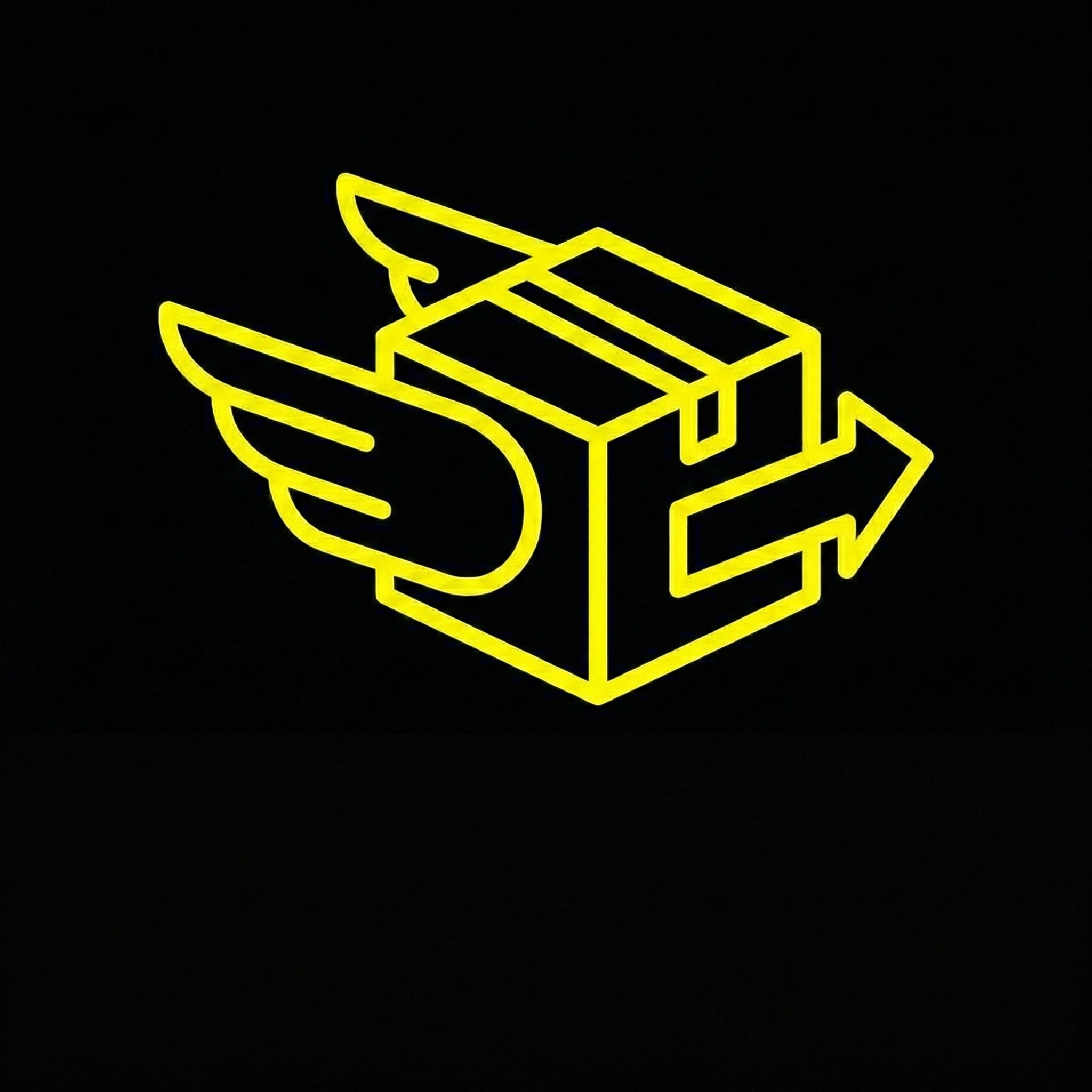 A yellow line-art icon of a cardboard box with wings and an arrow on a black background.