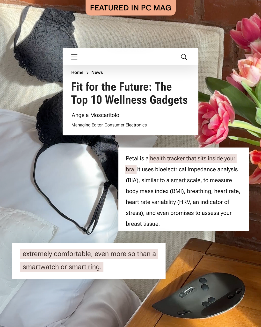 A promotional graphic for a health tracker featuring text from a PC Mag article, a bra, and the device.