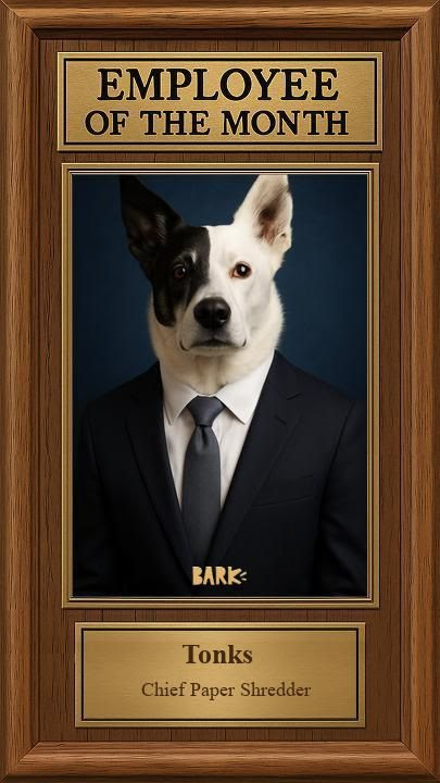 Plaque with a dog in a suit labeled 'Employee of the Month.'