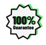 A black and green starburst seal icon that reads '100% Guarantee'.