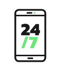 An icon of a smartphone with the numbers 24/7 displayed on the screen.