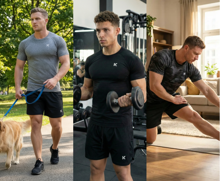 A collage of three men in athletic wear walking a dog, lifting weights, and stretching at home.