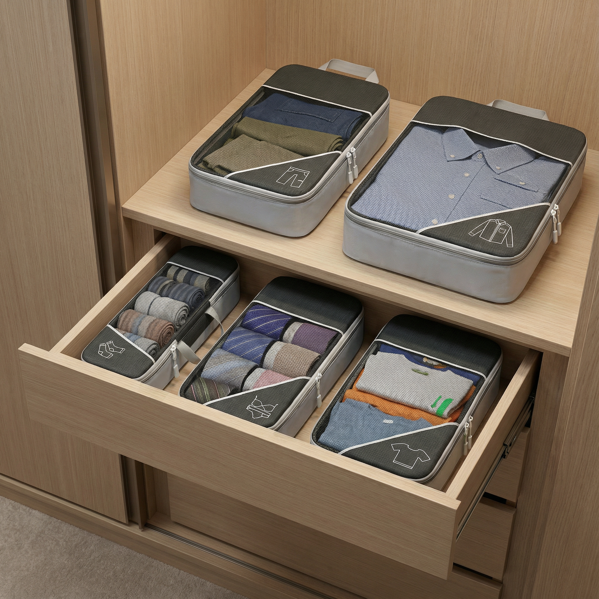 Drawer and shelf with organized clothing in zippered pouches.