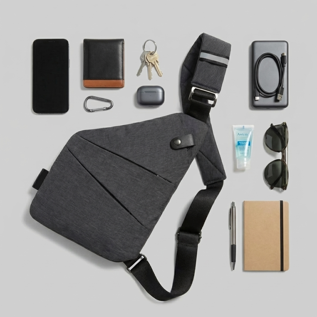 A grey sling bag laid out flat with everyday essentials like a phone, wallet, and keys.