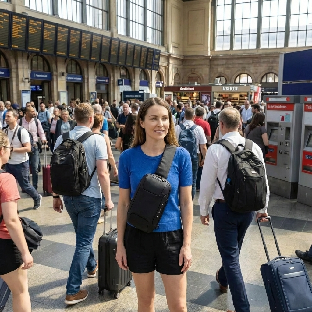 A woman wearing a blue shirt and a black sling bag stands in a crowded train station.