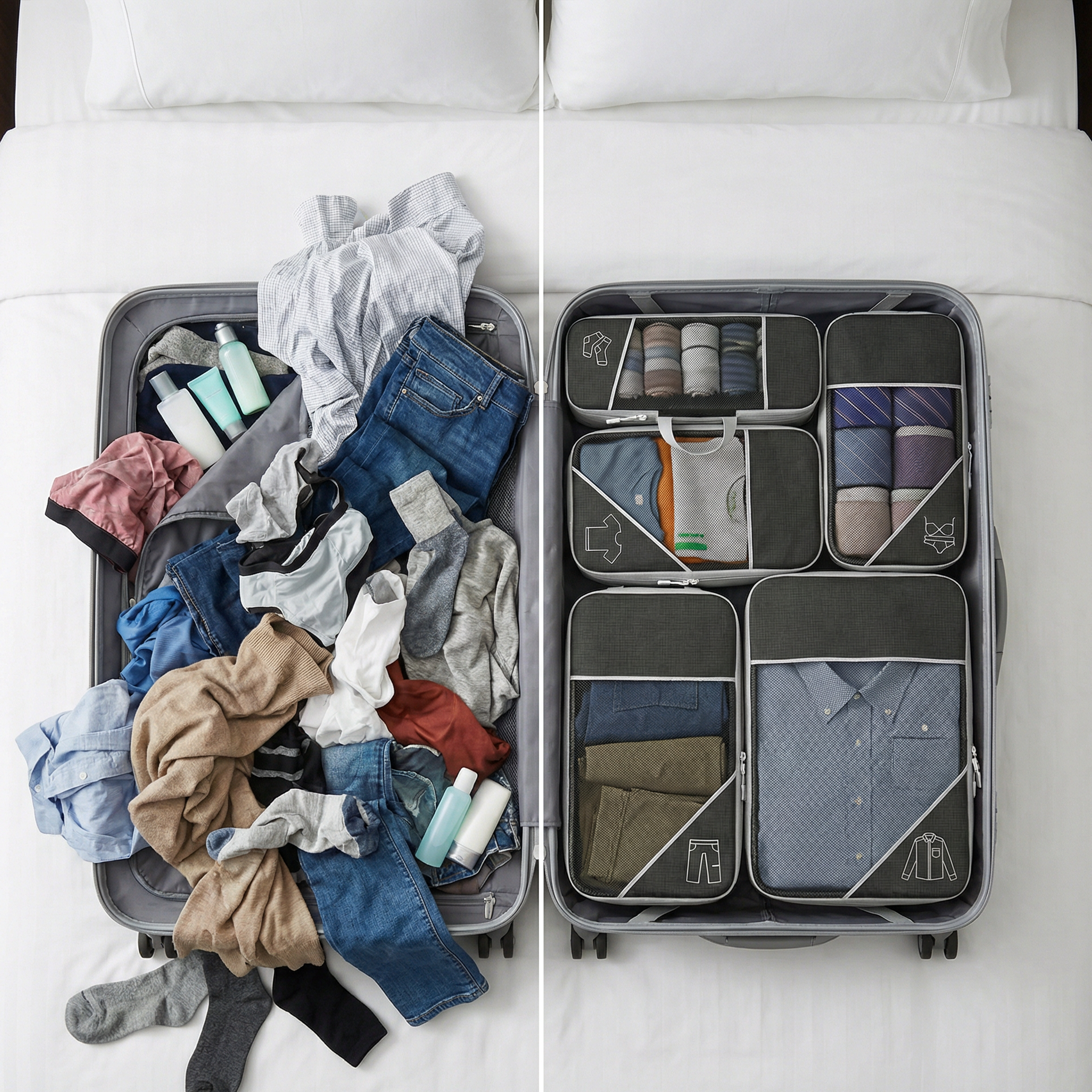A before-and-after image of a messy suitcase and one neatly organized with packing cubes.