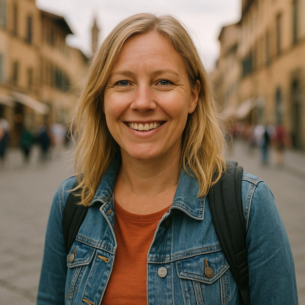 Smiling person with a backpack in a city street, wearing a denim jacket.