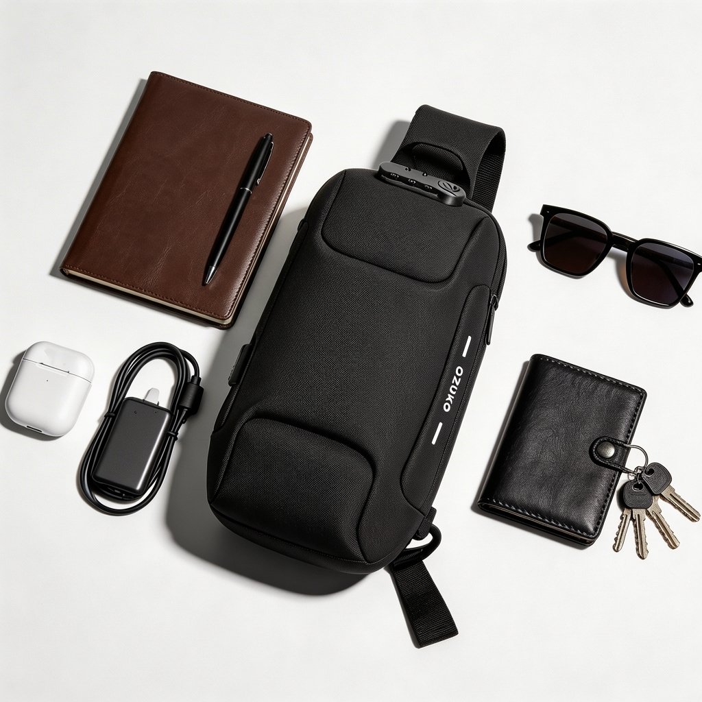 A black crossbody bag is shown flat with a notebook, wallet, sunglasses, keys, and other accessories.