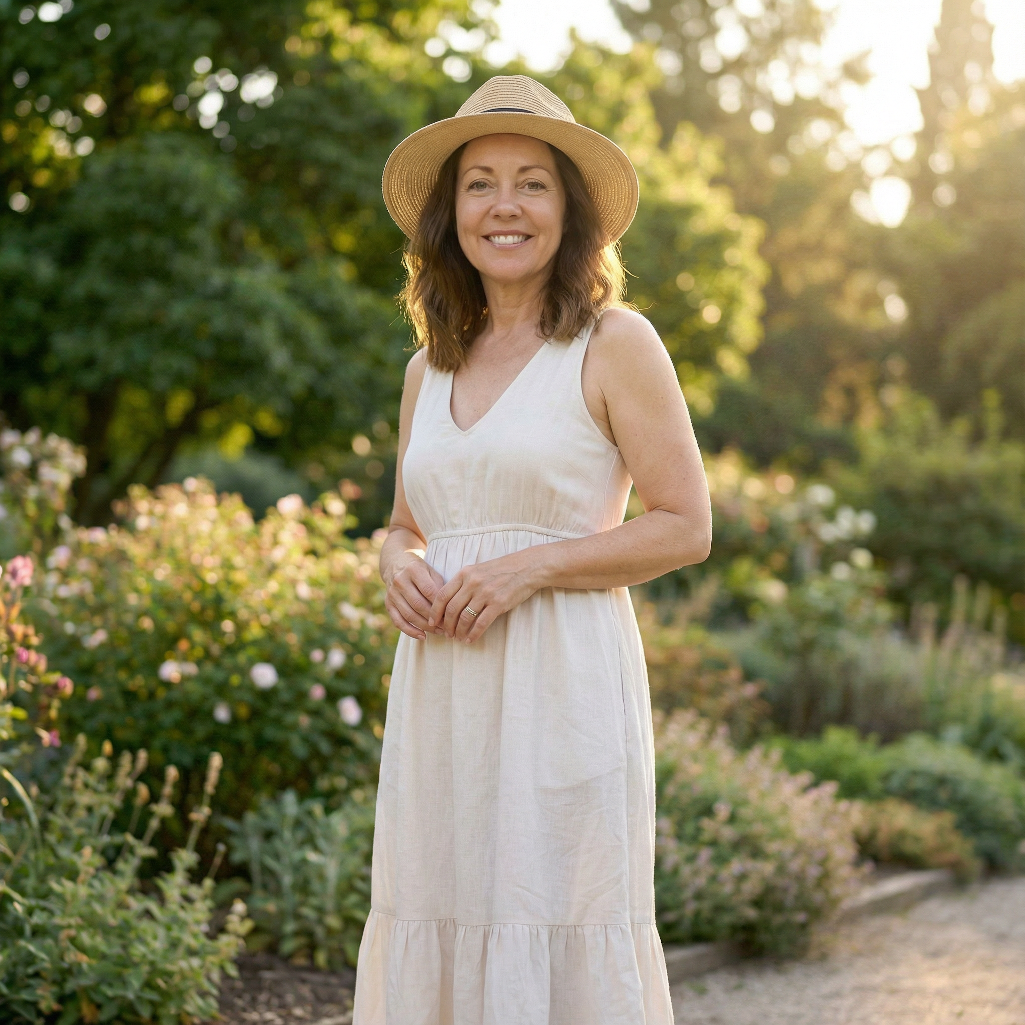 A smiling woman in a straw hat and a light-colored dress stands in a sunlit garden.