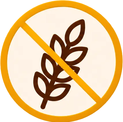 A circular gluten-free icon, showing a stalk of wheat with a line through it.