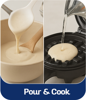 A two-panel image showing waffle batter being poured into a bowl and then cooked in a waffle iron.
