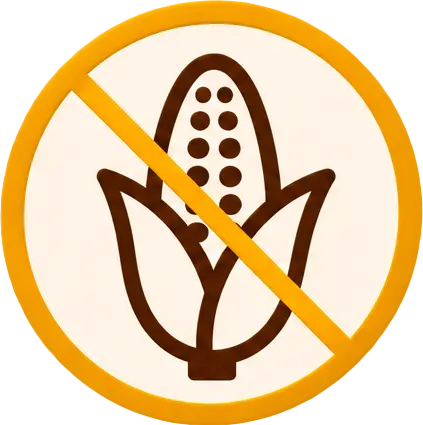 A brown icon of a corn cob inside a yellow circle with a diagonal line through it, signifying corn-free.
