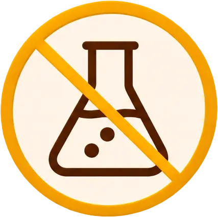 A circular icon with a yellow border and a diagonal line crossing out a brown chemical flask.