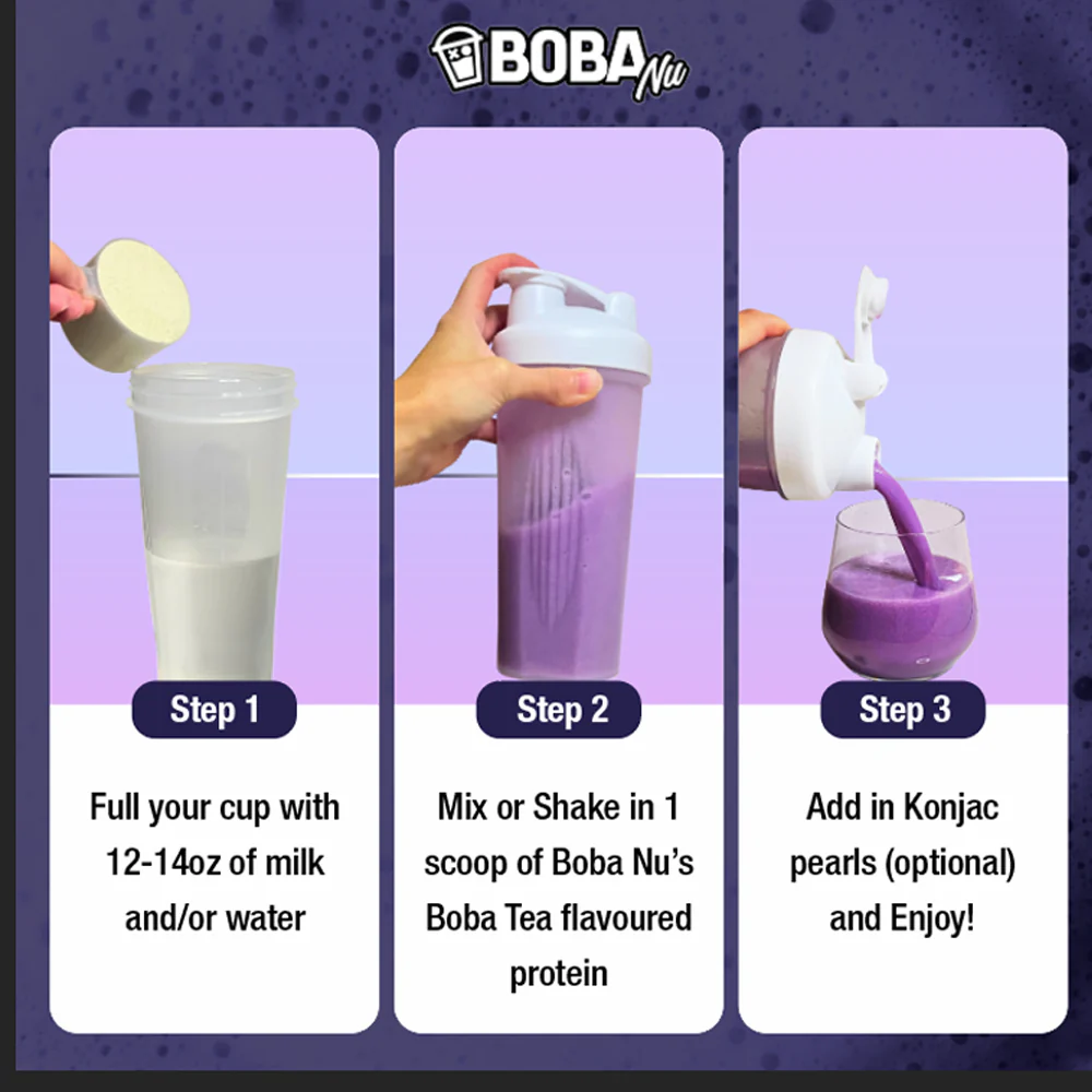 Three-step guide to making Boba Nu's purple protein shake.