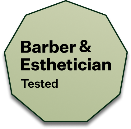 Green octagonal badge with 'Barber & Esthetician Tested' text.