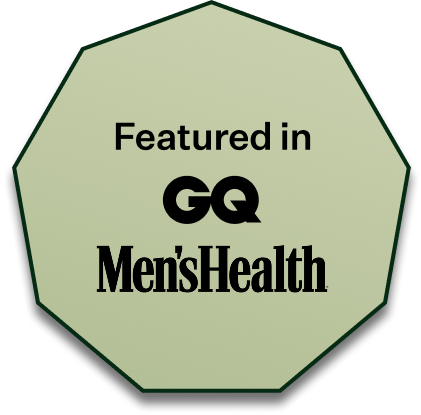 Octagonal badge with 'Featured in GQ Men's Health' text.
