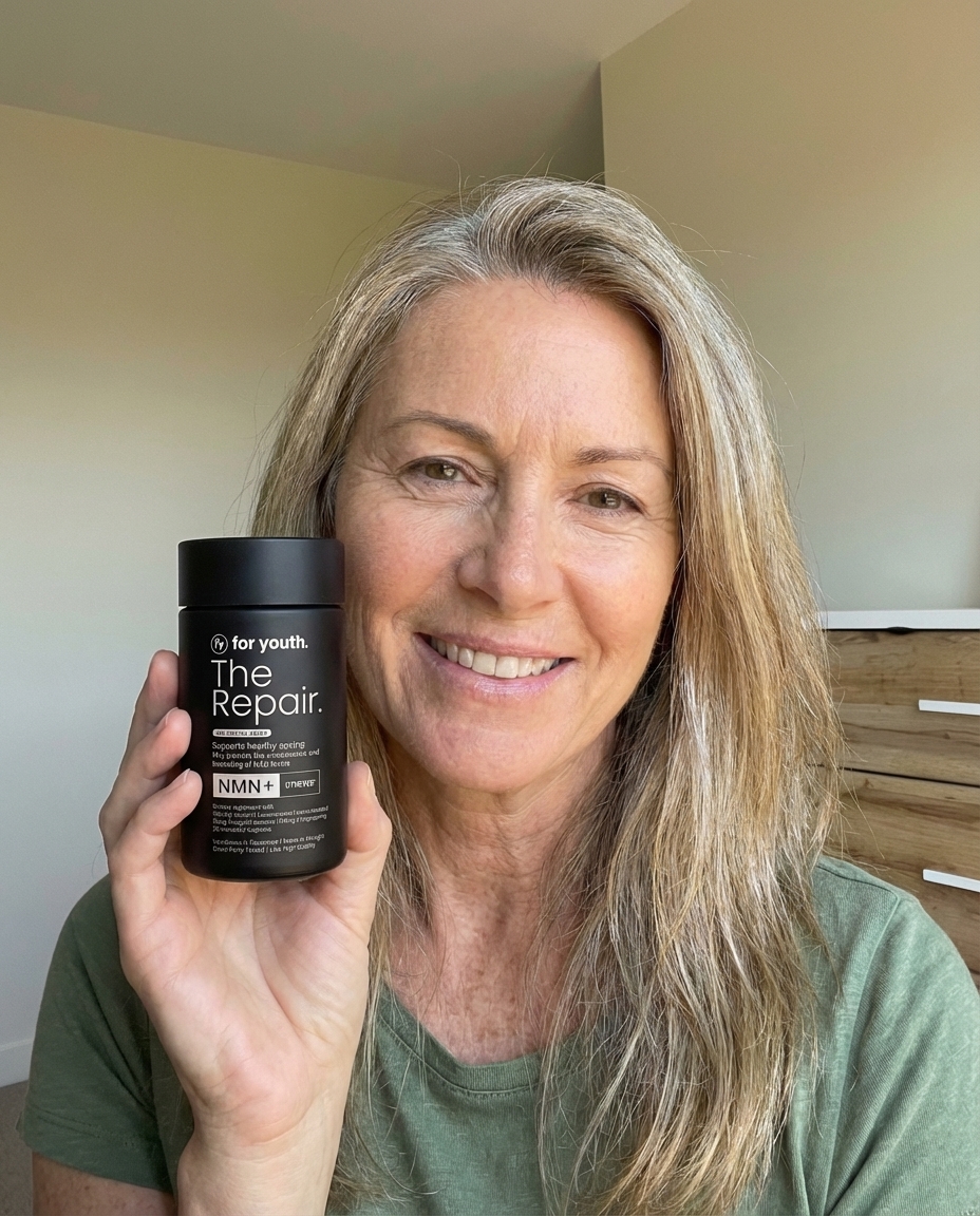 A smiling woman with blonde hair holds up a black bottle of The Repair supplement from For Youth.