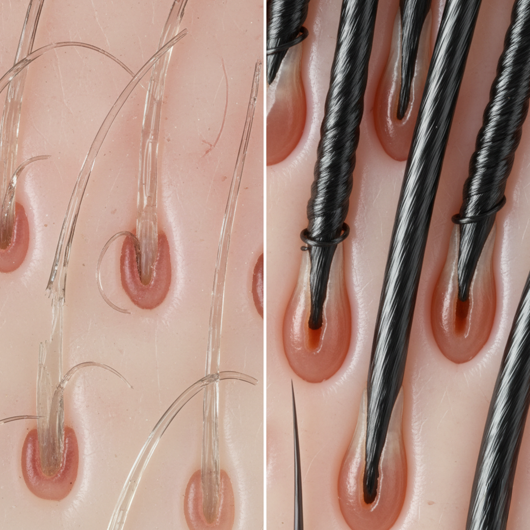 Macro comparison of damaged thinning hair follicles versus strong, healthy hair follicles.