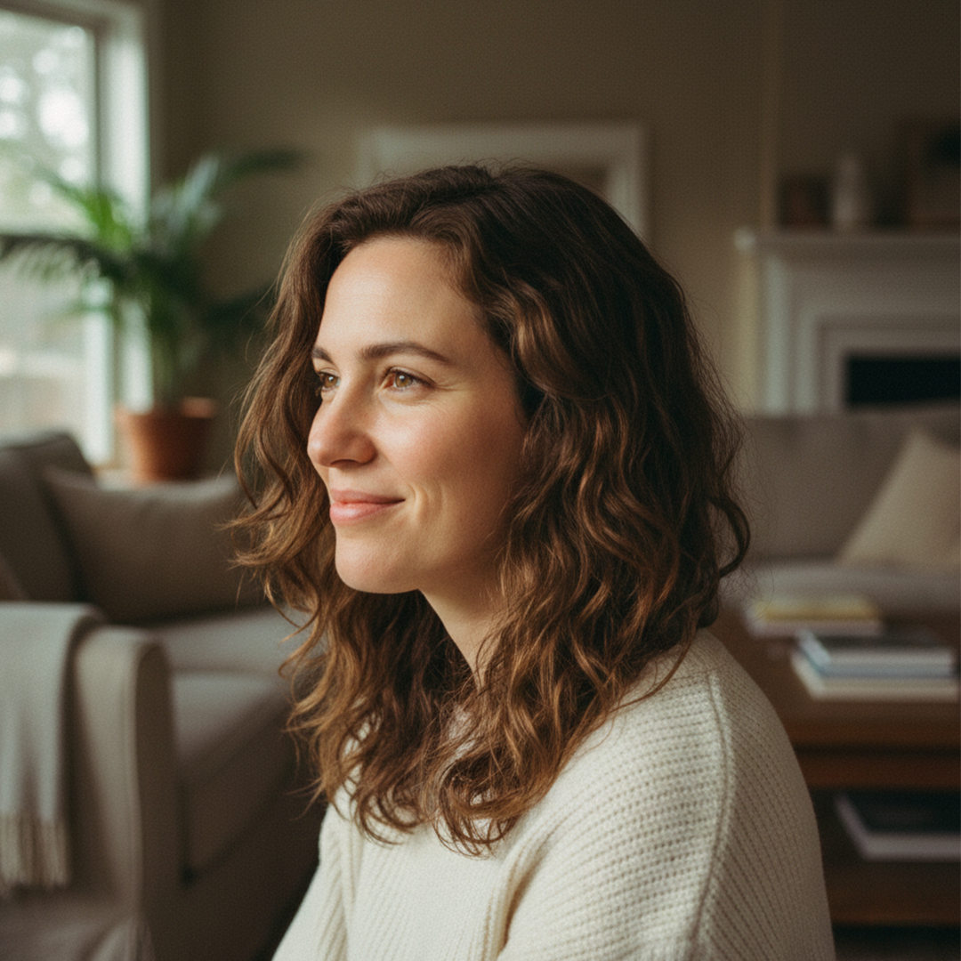 Smiling woman with healthy, natural wavy hair sitting in a bright living room.