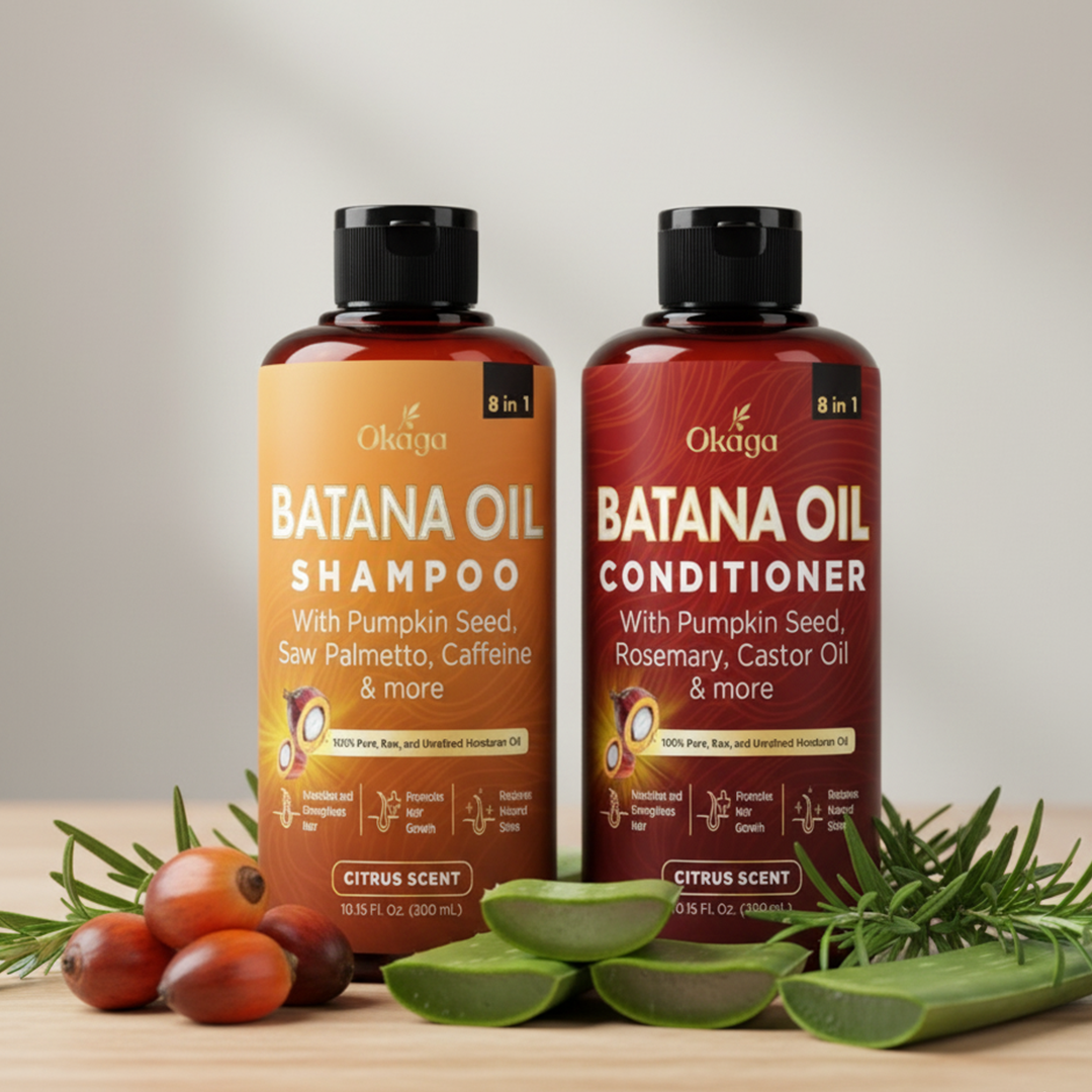 Okaga Batana Oil Shampoo and Conditioner with natural ingredients like palm fruits, aloe vera, and rosemary arranged around the bottles.