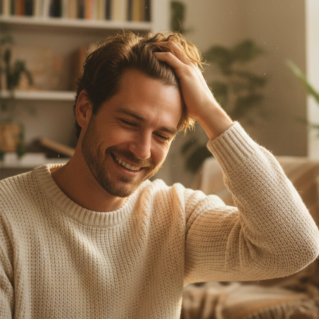 Smiling man sitting in a sunlit living room, running his hand through his healthy, tidy hair while wearing a cream knit sweater. Warm natural light and soft background decor create a relaxed, cozy atmosphere.