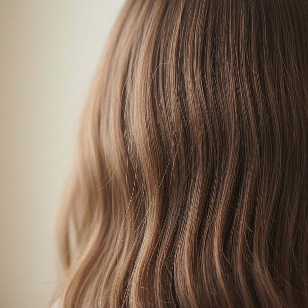 Close-up texture of shiny, healthy, wavy brown hair.