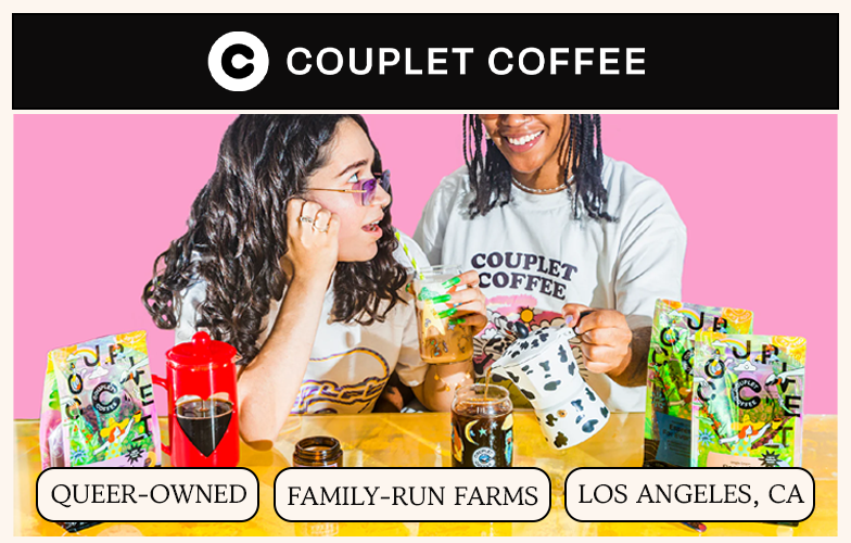 Two women smile while making coffee, surrounded by colorful Couplet Coffee products on a yellow table.