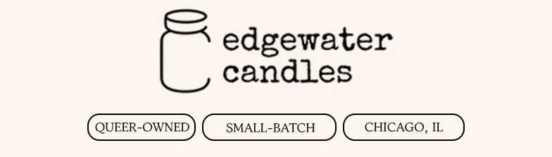 The Edgewater Candles logo with tags below that read: Queer-Owned, Small-Batch, and Chicago, IL.