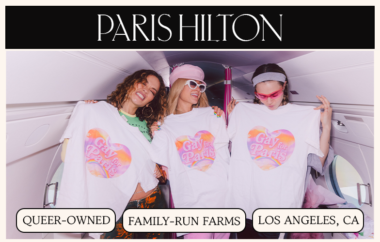 Paris Hilton and two other women on a private jet, holding up t-shirts that say 'Gay for Paris'.