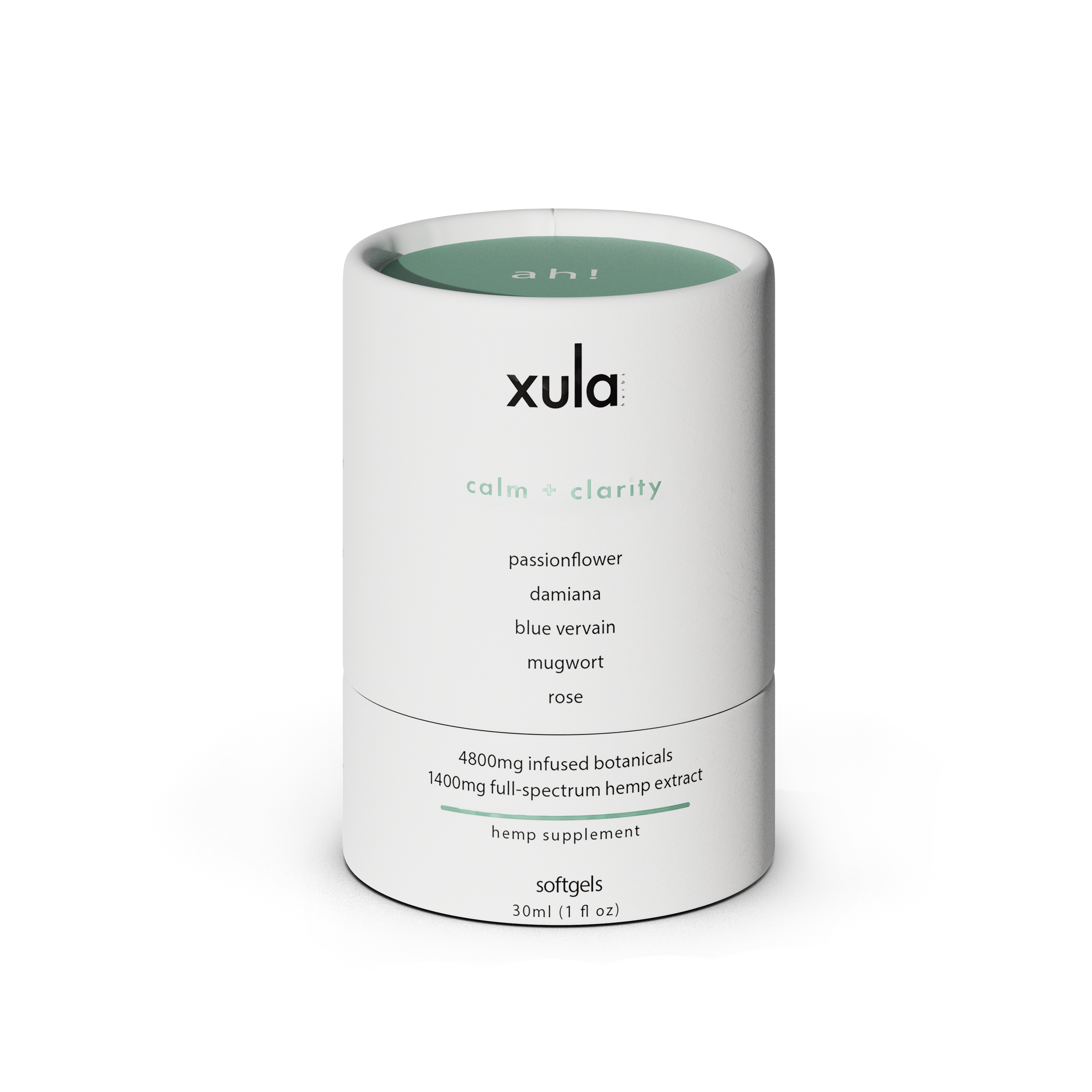 A white cylindrical container for Xula calm + clarity hemp supplement softgels on a white background.