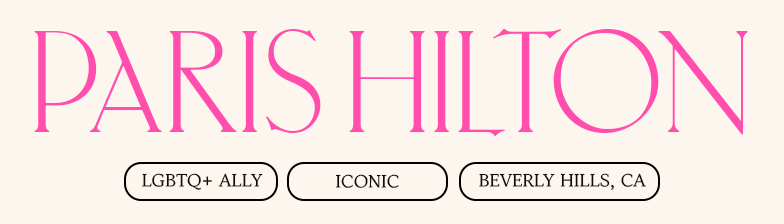 The name Paris Hilton in pink serif text with three descriptive tags below it.