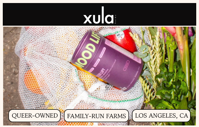 A purple container labeled Mood Lift in a mesh bag with oranges, an apple, and fresh greenery.