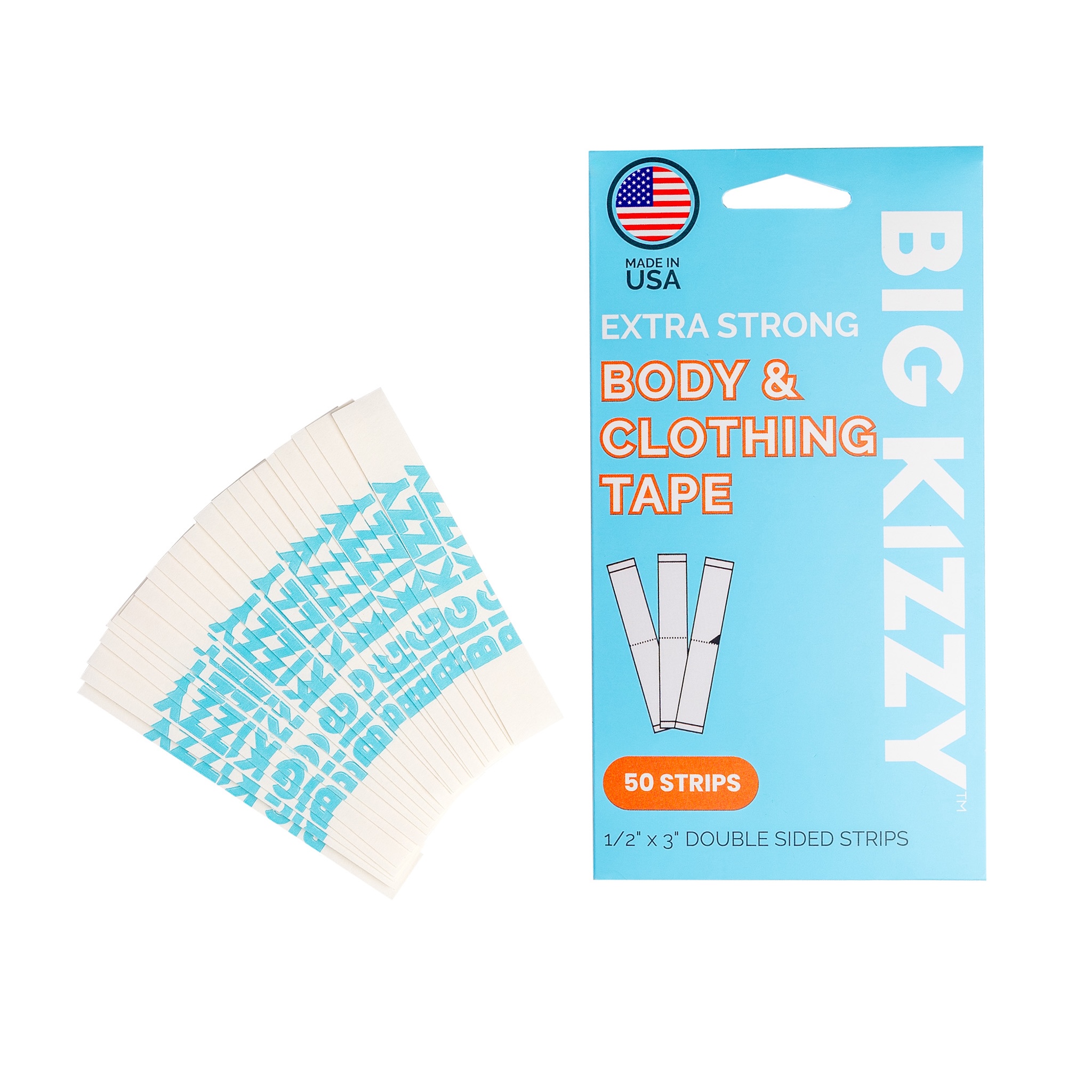 Package and strips of Big Kizzy body and clothing tape.