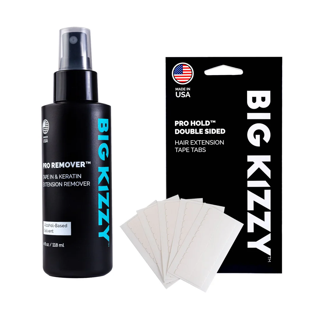 Hair extension remover spray and tape tabs packaging.