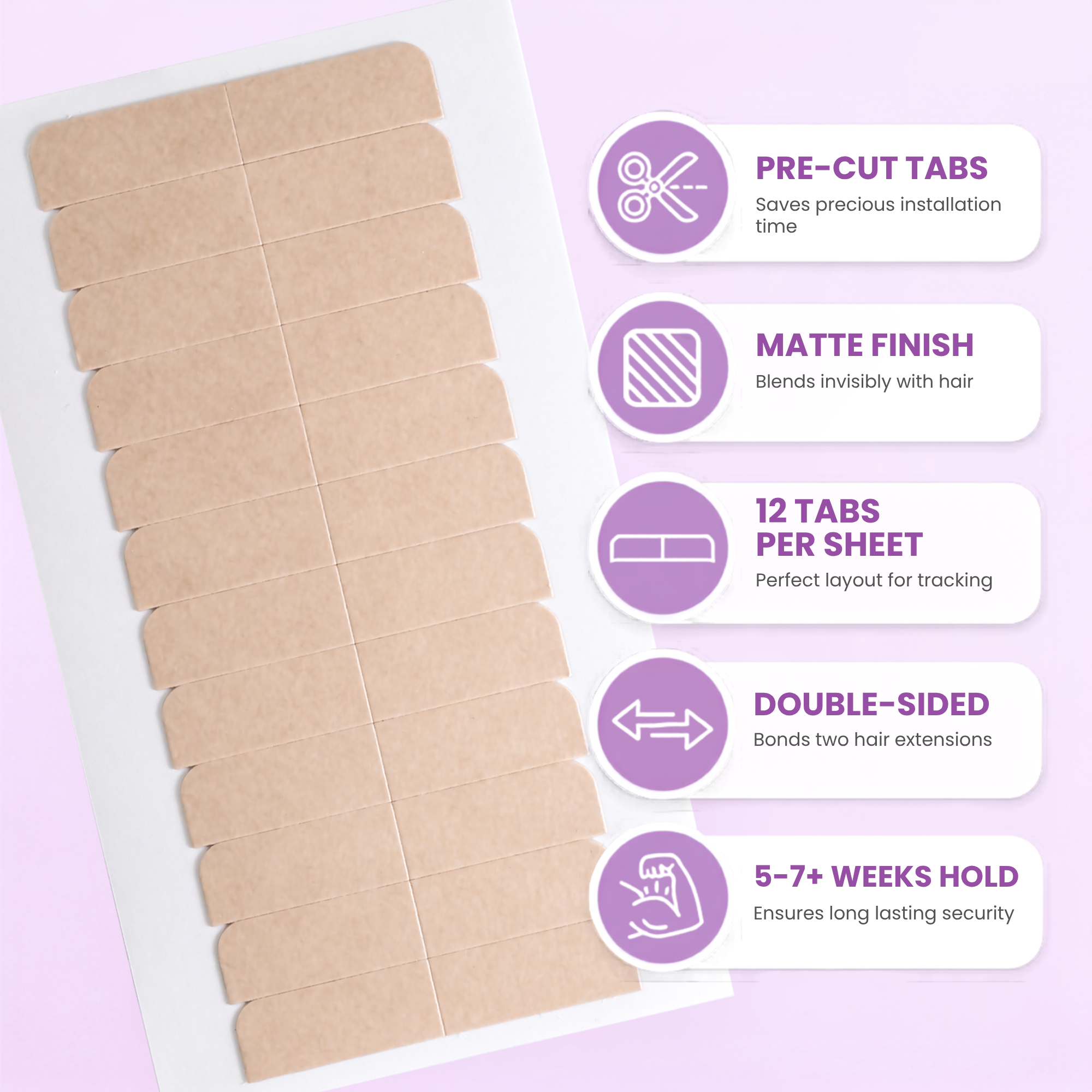 A sheet of pre-cut hair extension adhesive tabs next to a list of product features with icons.