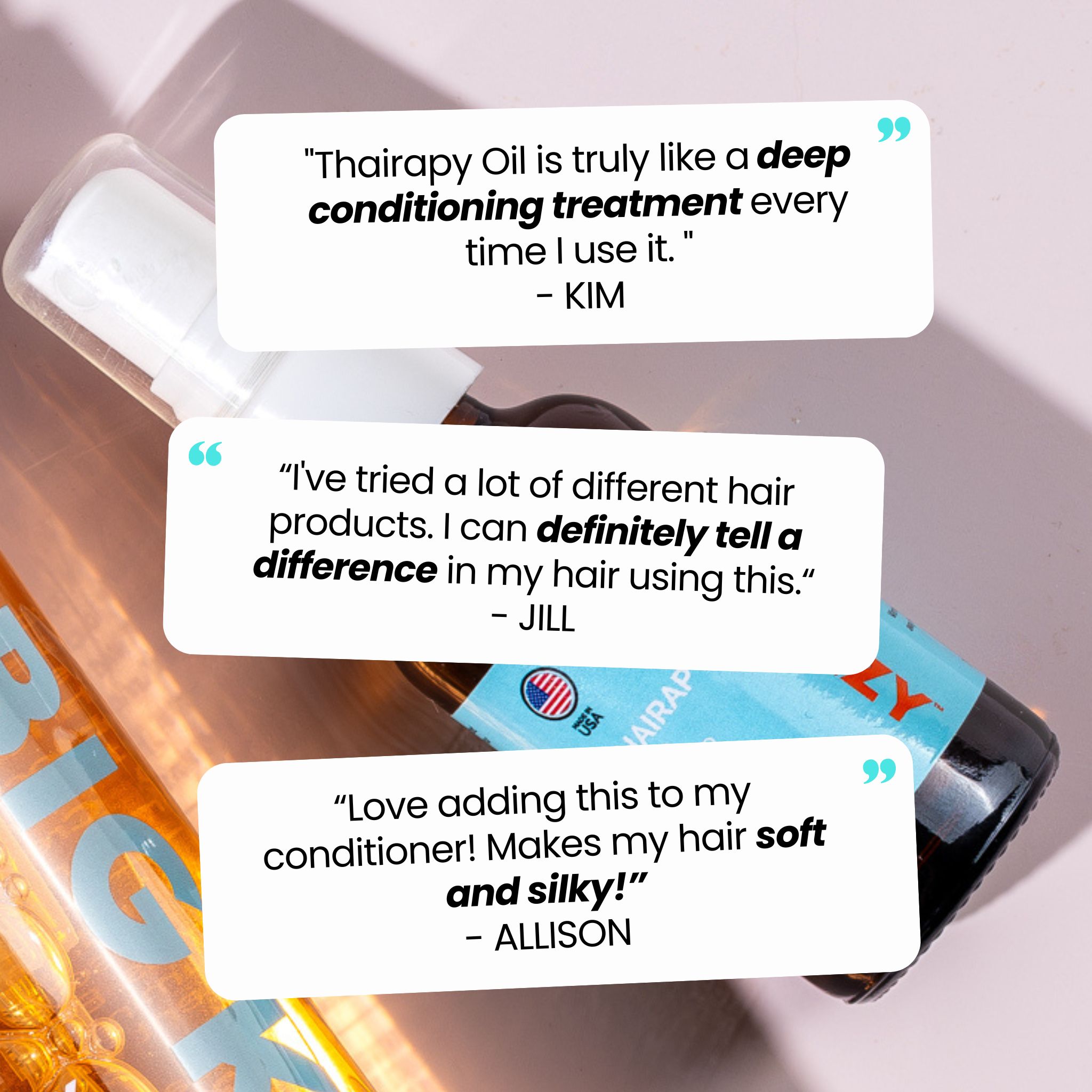 Bottles of hair oil with customer testimonials in speech bubbles.