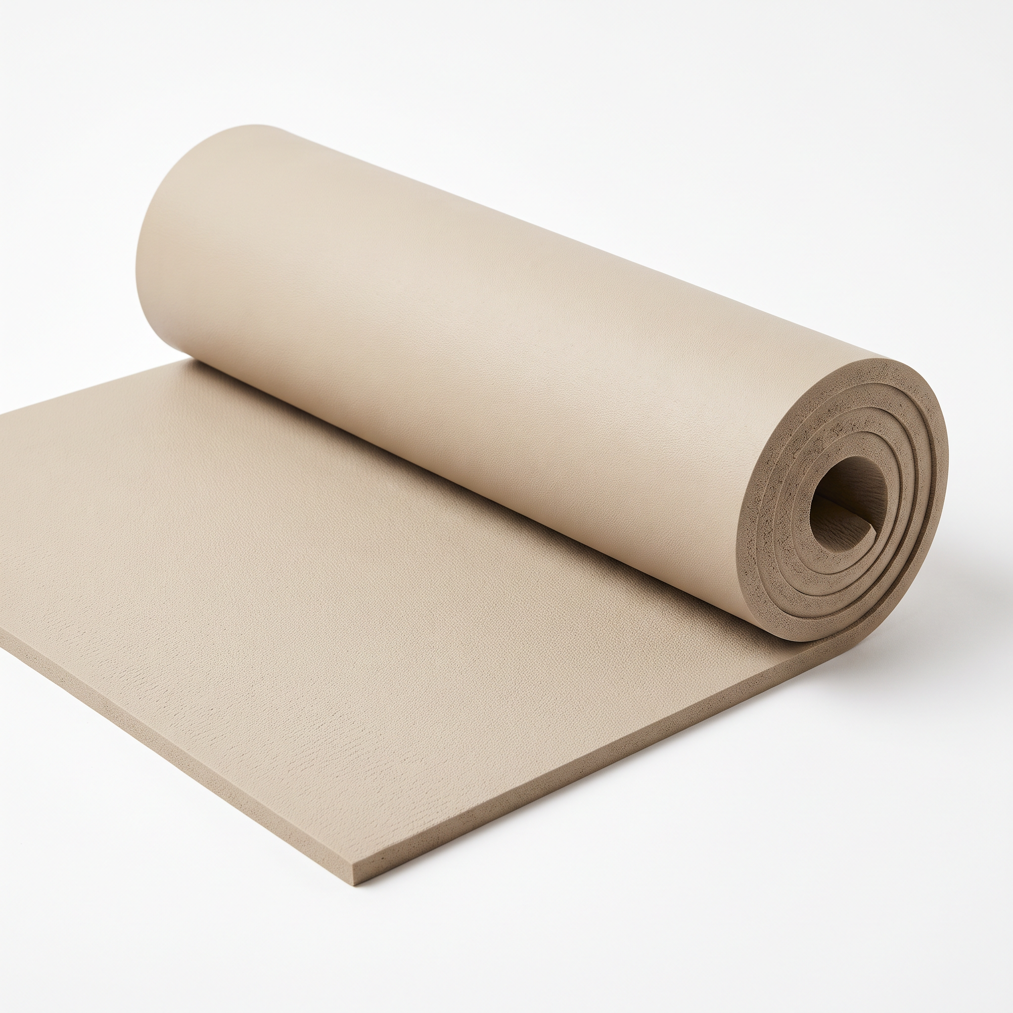 A light brown yoga mat, partially unrolled against a plain white background.