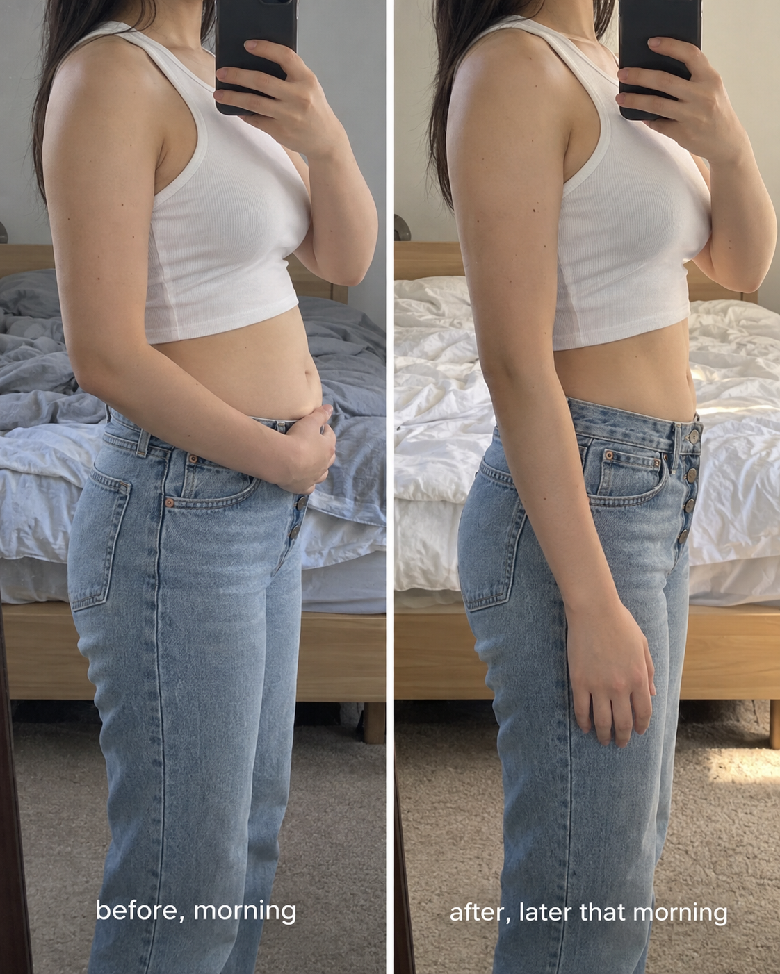 A side-by-side comparison of a woman's stomach, showing a visible reduction in bloating.