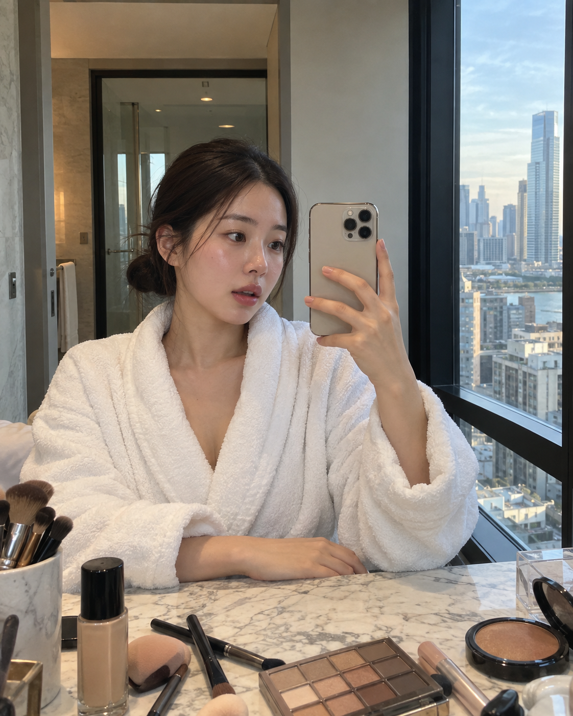 A woman in a white bathrobe takes a mirror selfie at a vanity with a city view behind her.
