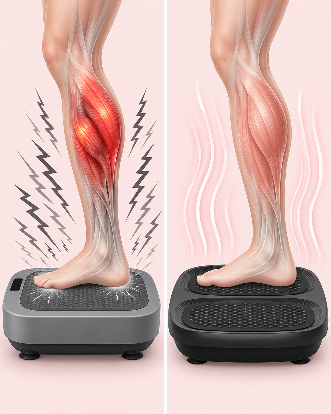 Before-and-after medical illustration showing a leg's calf muscles being soothed by a foot vibration plate.