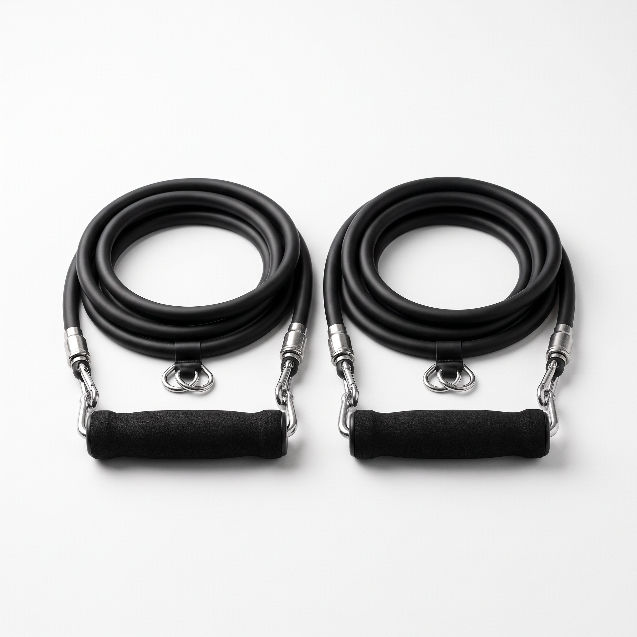 A pair of coiled black resistance bands with foam handles on a white background.