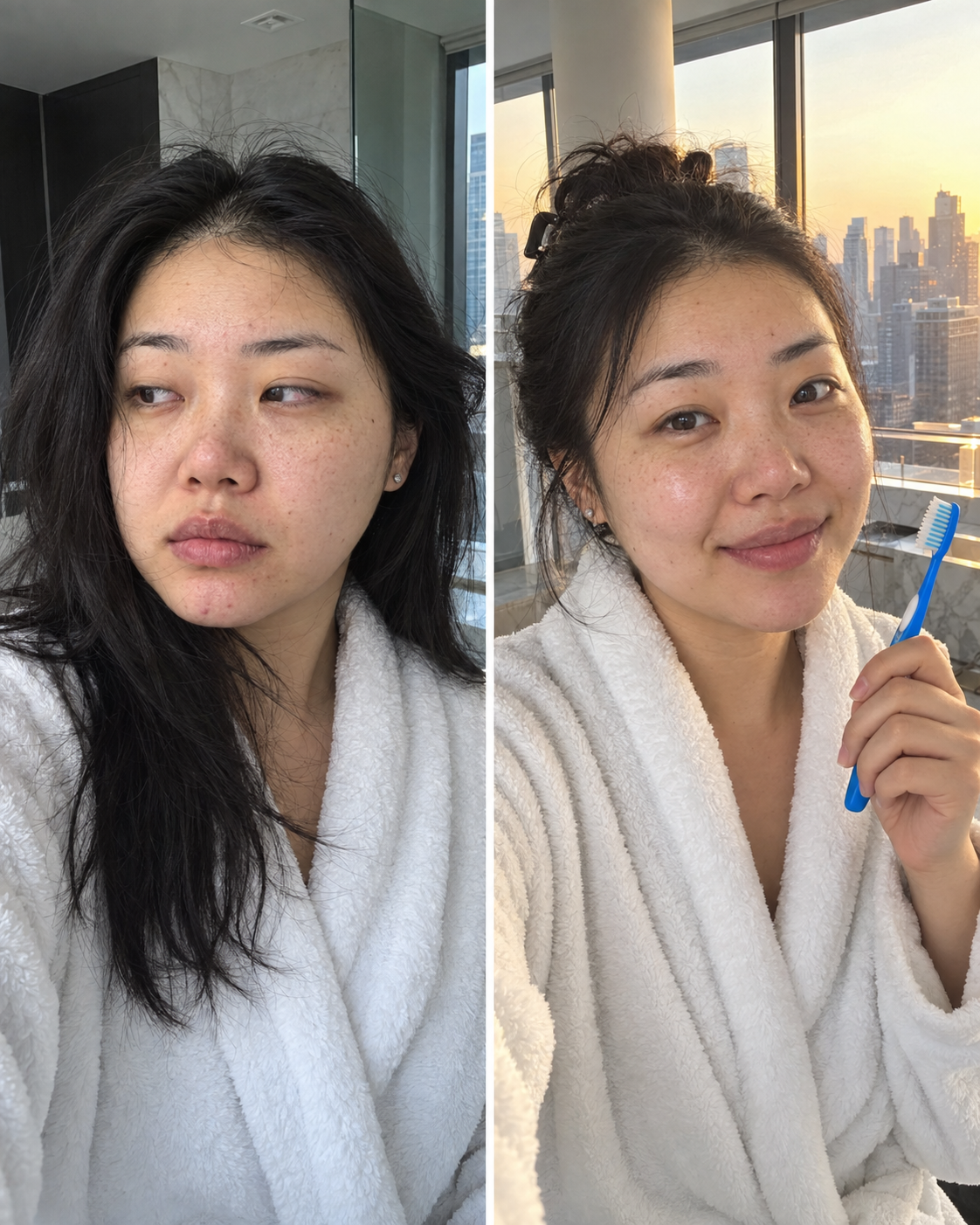 A diptych of a woman in a white bathrobe, first looking tired and then smiling while holding a toothbrush.